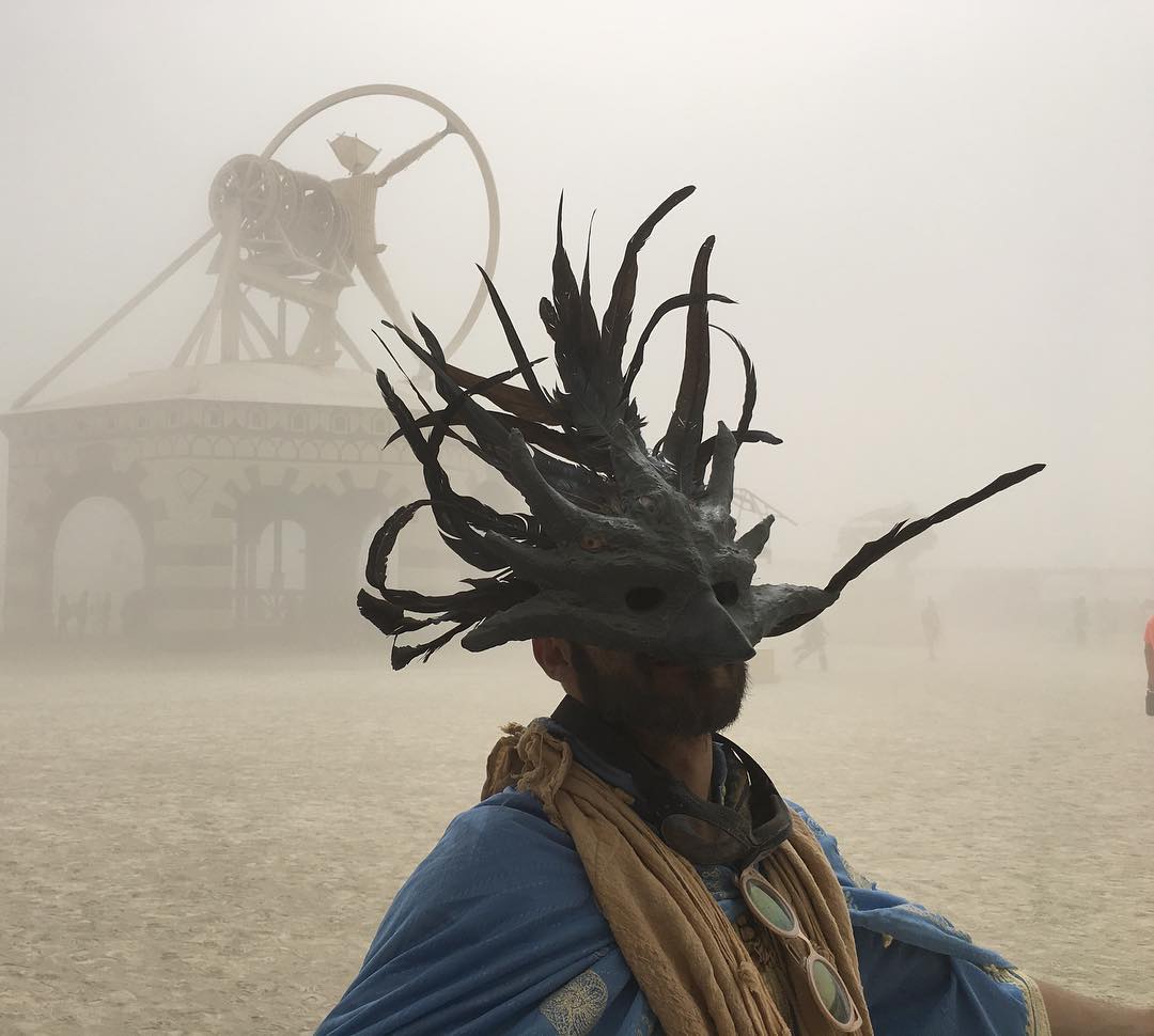 Mask finished, being worn, in a dust storm