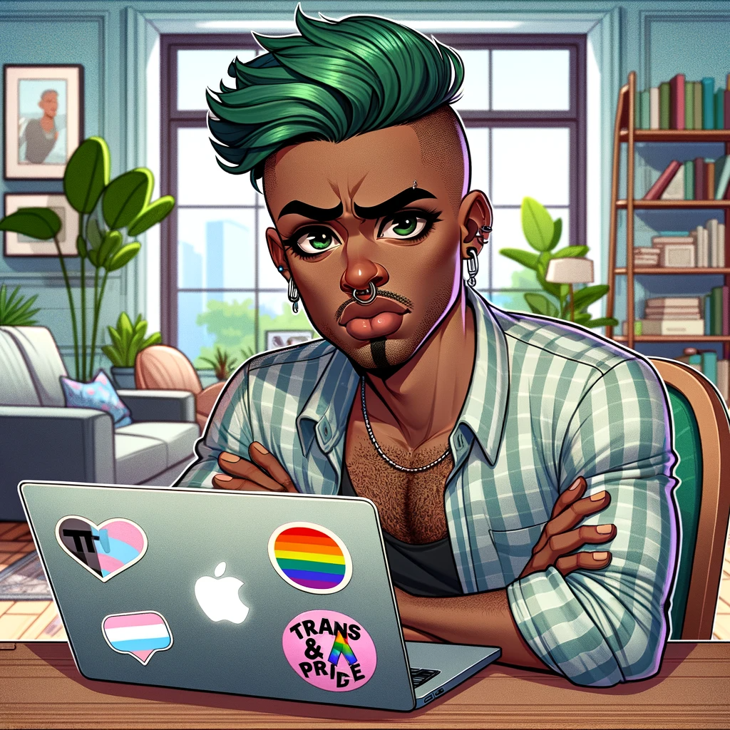 An attractive genderqueer African-American, smartly dressed, with green hair, a septum piercing, and a goatee. He's sitting at a laptop, looking somewhat frustrated.